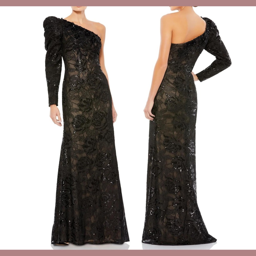 NWT Mac Duggal‎ [ 2 ] 12444 Embellished One Puff Sleeve Trumpet Gown Black J1584